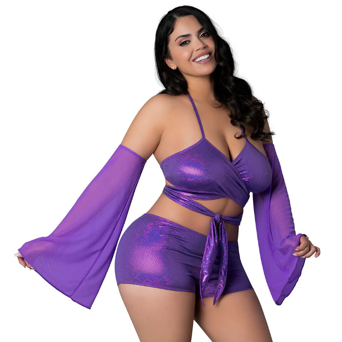 Magic Silk Disco Glimmer Wrap Bralette, Booty Shorts & Sleeve Set