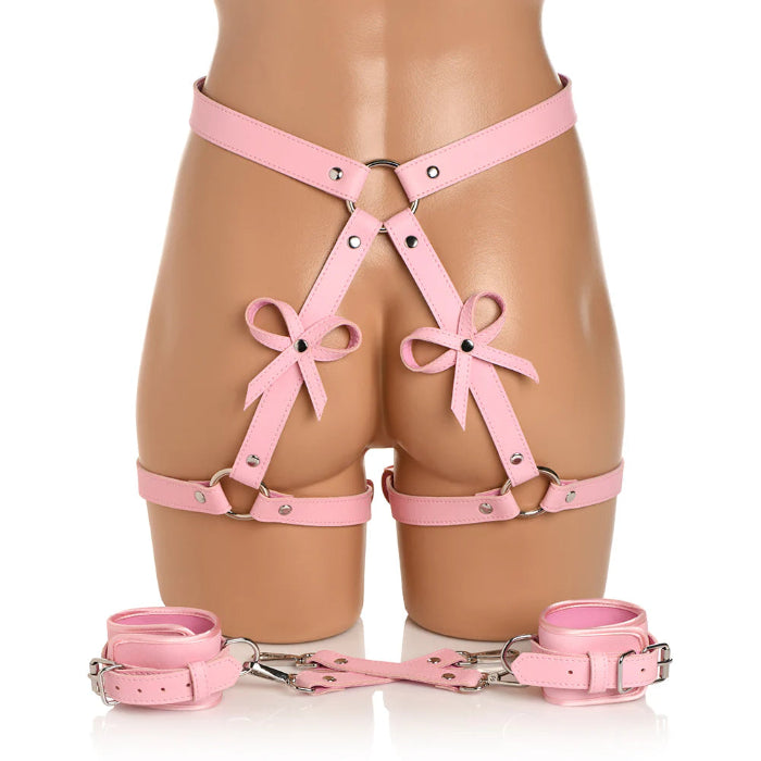 STRICT Bondage Adjustable Vegan Leather Body Harness And Wrist Cuffs with Bow Accent