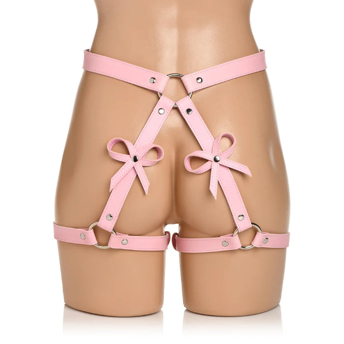 STRICT Bondage Adjustable Vegan Leather Body Harness And Wrist Cuffs with Bow Accent