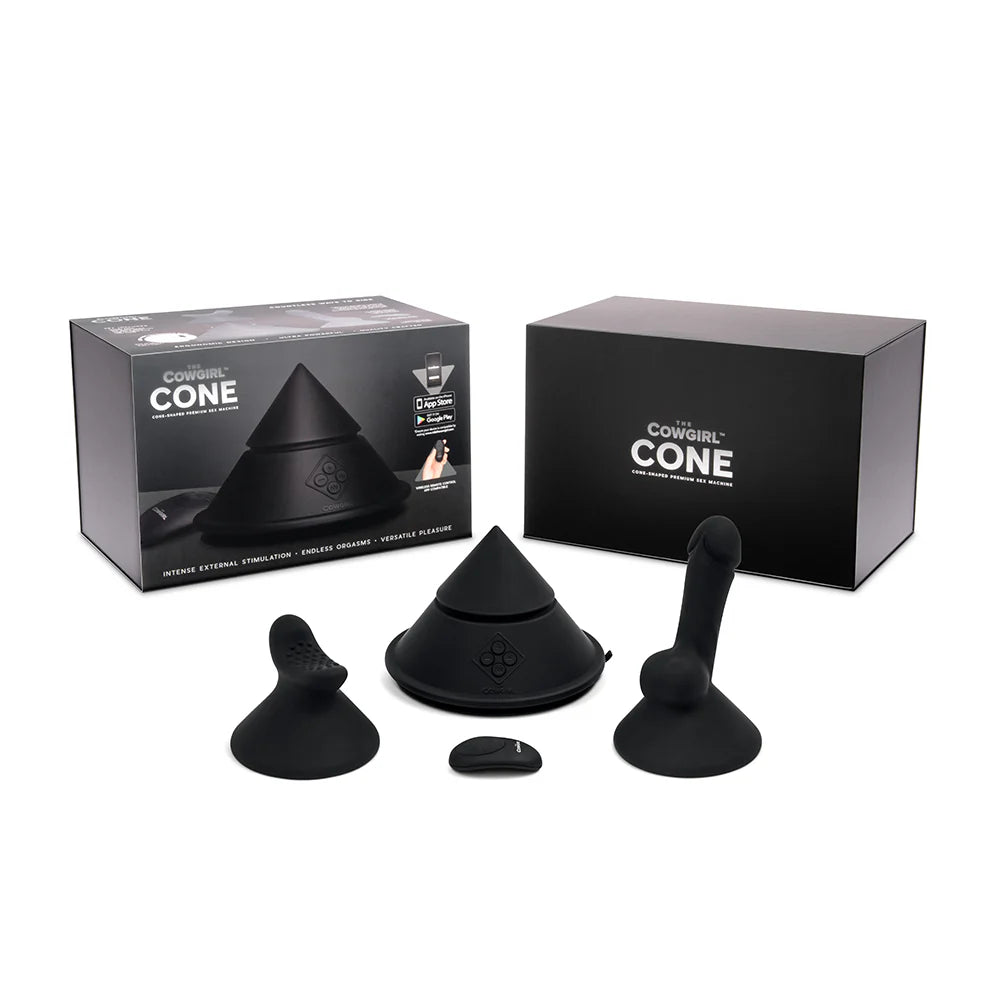 The Cowgirl Cone Hands-Free Remote Control Ride-On Vibrator with Two Attachments and Suction Cup