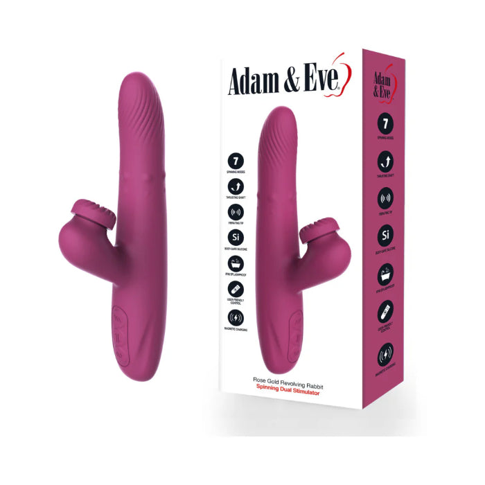 Adam & Eve Rose Gold Revolving Rabbit Thrusting Rechargeable Vibrating Rabbit Style Stimulator With Spinning External Stimulator