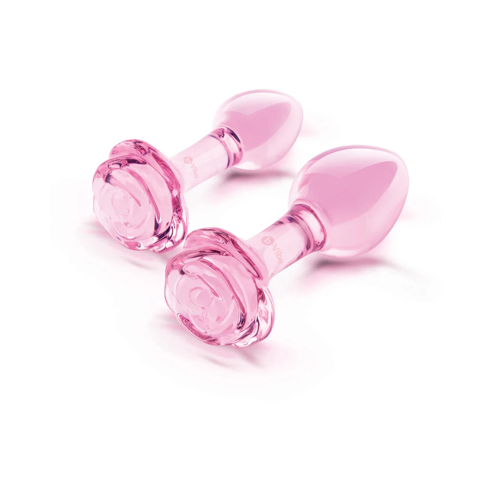 b-Vibe Pink Roses Glass Training Plug Set with Rose-Shaped Pink Base
