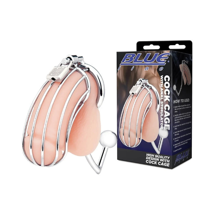Blue Line Locking Cock Cage With Anal Stimulator