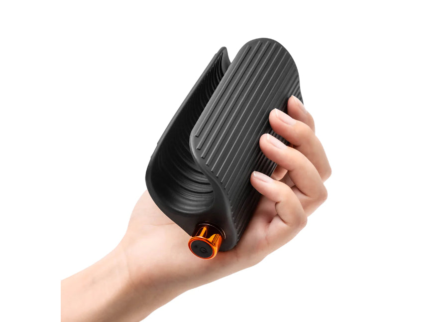 Blush M Elite Platinum Wrapt Rechargeable Vibrating Open Wing Ribbed Liquid Silicone Stroker