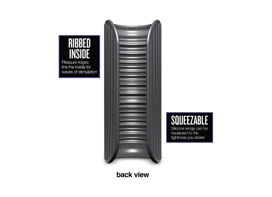 Blush M Elite Platinum Wrapt Rechargeable Vibrating Open Wing Ribbed Liquid Silicone Stroker