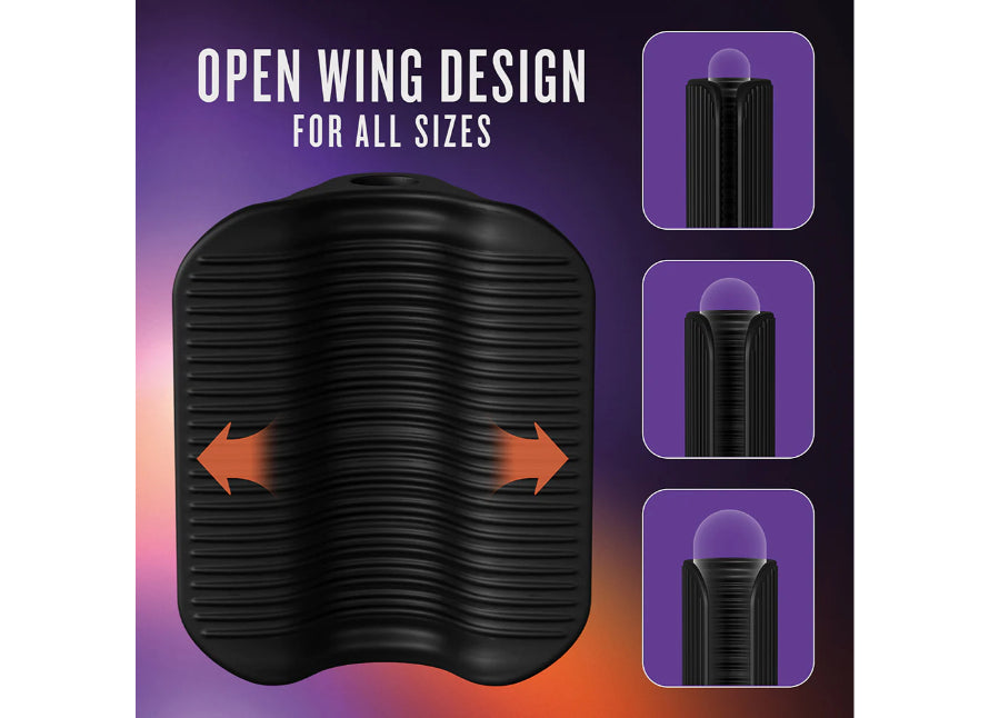 Blush M Elite Platinum Wrapt Rechargeable Vibrating Open Wing Ribbed Liquid Silicone Stroker
