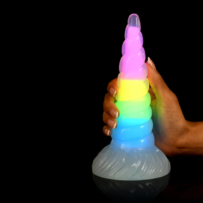 Creature Cocks Uni-Glow Glow-in-the-Dark Rainbow Silicone Fantasy Shaped Harnessable Unicorn Horn Dildo With Suction Cup