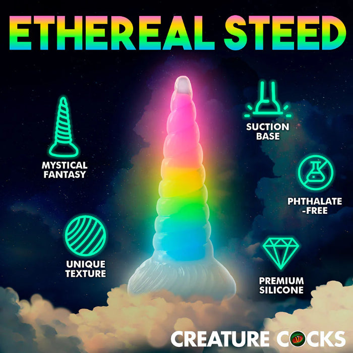 Creature Cocks Uni-Glow Glow-in-the-Dark Rainbow Silicone Fantasy Shaped Harnessable Unicorn Horn Dildo With Suction Cup