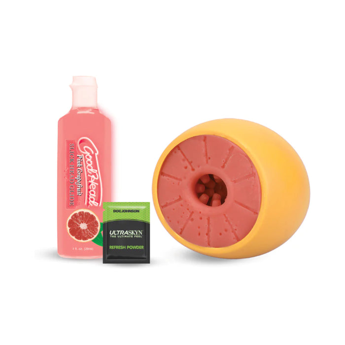 Doc Johnson GoodHead Grapefruit Blowjob Set With Open-Ended Stroker And Flavored Slick Head Glide