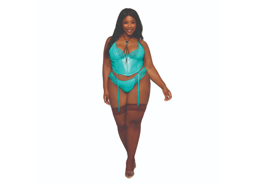 Dreamgirl Lace Trim Pleather Bustier & G-String with Removeable Garters Set