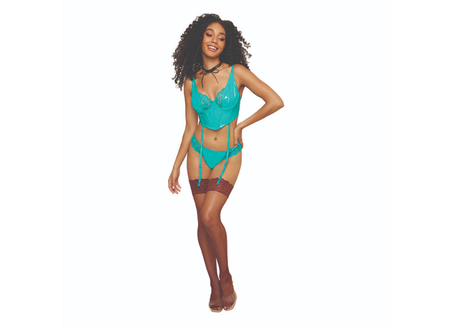 Dreamgirl Lace Trim Pleather Bustier & G-String with Removeable Garters Set