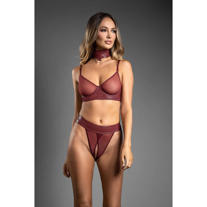 Fantasy Lingerie Domina Embossed Faux Leather Convertible Bra with Chain Leash & Open Panty