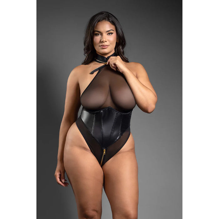 Fantasy Lingerie Domina Faux Leather Corset Mesh Teddy with Zipper Halter & Front To Back Zipper