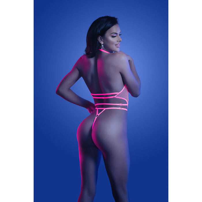 Fantasy Lingerie Glow Knockout UV Reactive Adjustable Halter G-String Teddy with Hook Closure
