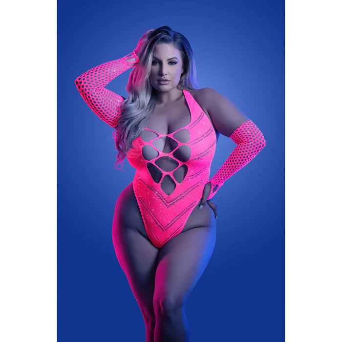 Fantasy Lingerie Glow Flashback UV Reactive Rhinestone Fishnet Teddy & Gloves/Warmers