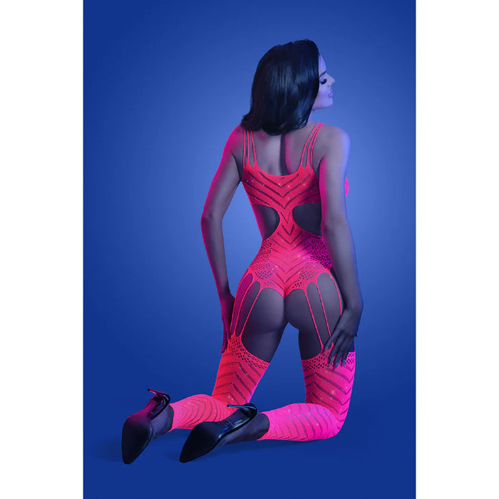 Fantasy Lingerie Glow Wavelength UV Reactive Rhinestone Fishnet Cut-Out Teddy Bodystocking