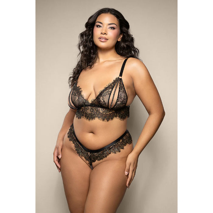 Fantasy Lingerie Opulence Lace Bralette with Split Pearl Cups & Crotchless Double Pearl Panty