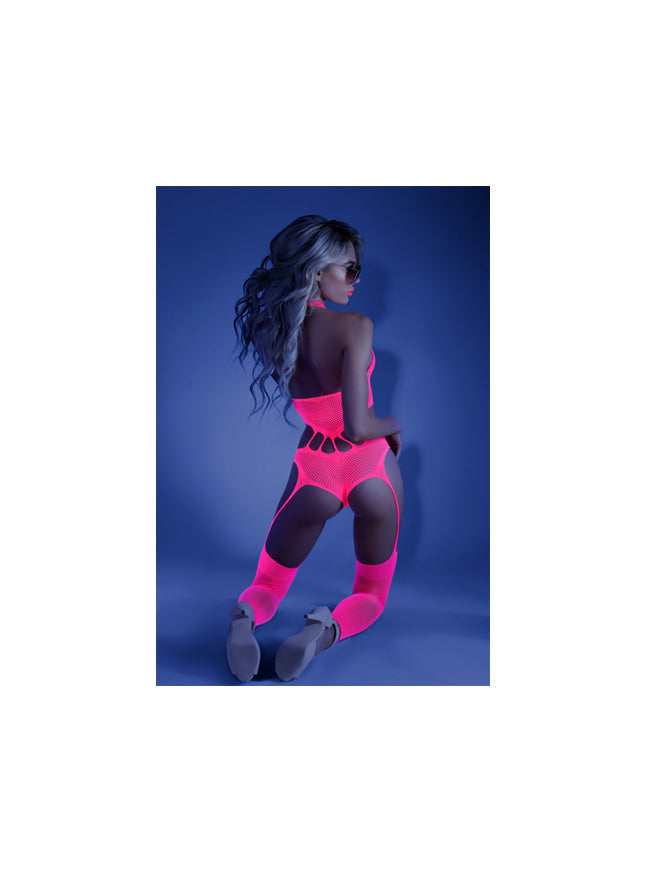 Glow Blacklight Reflective No Promises Footless Teddy Neon Pink Bodystocking