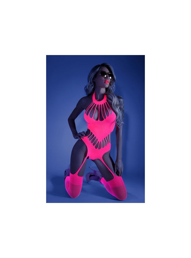 Glow Blacklight Reflective No Promises Footless Teddy Neon Pink Bodystocking