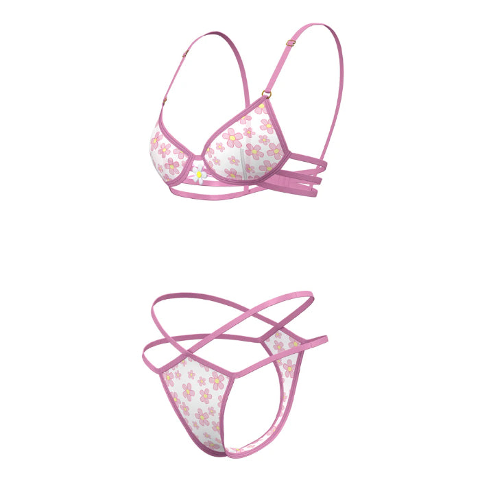 Magic Silk Blacklight Responsive Daisy Print Bra & Thong Set