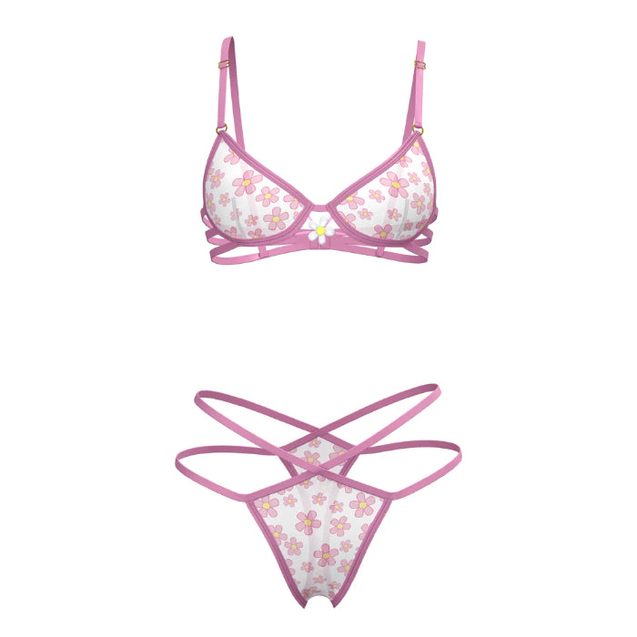 Magic Silk Blacklight Responsive Daisy Print Bra & Thong Set