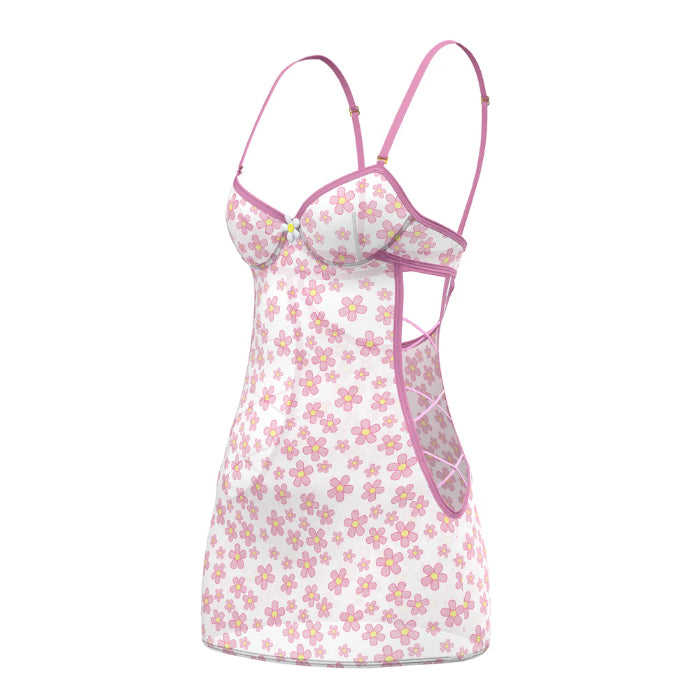 Magic Silk Blacklight Responsive Daisy Print Dress & Tanga Panty Lingerie Set