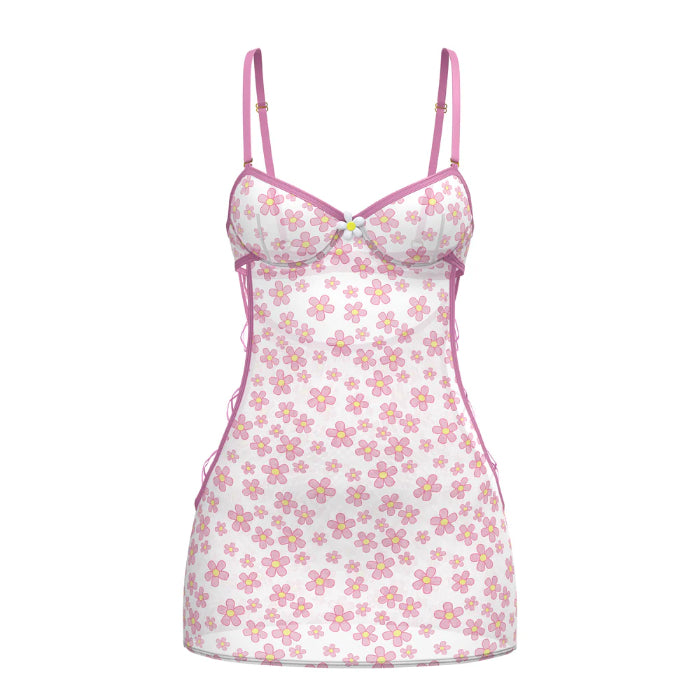 Magic Silk Blacklight Responsive Daisy Print Dress & Tanga Panty Lingerie Set