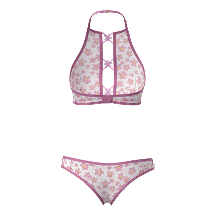 Magic Silk Blacklight Responsive Daisy Print Halter Bralette & Panty Set