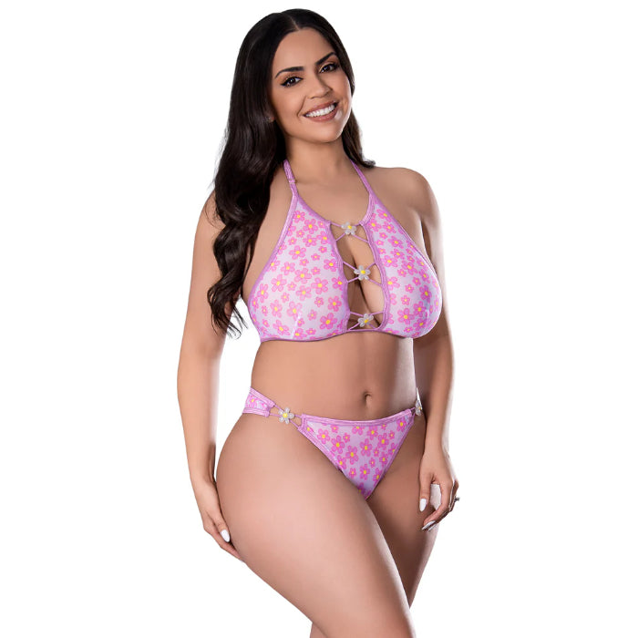 Magic Silk Blacklight Responsive Daisy Print Halter Bralette & Panty Set