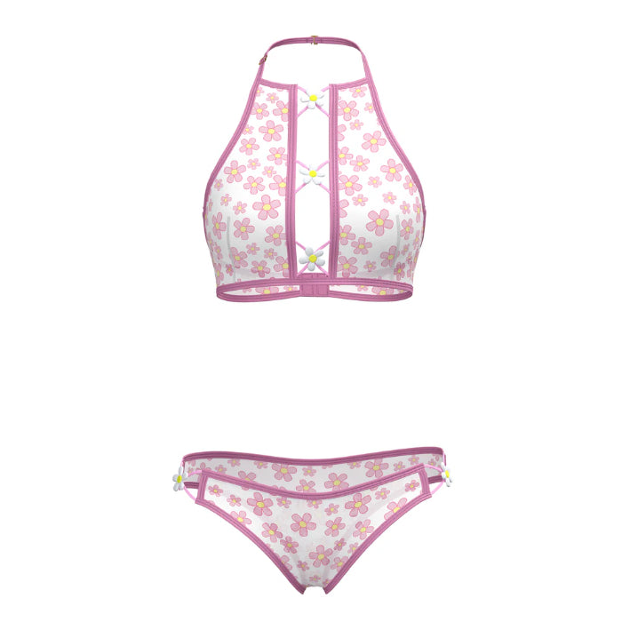 Magic Silk Blacklight Responsive Daisy Print Halter Bralette & Panty Set