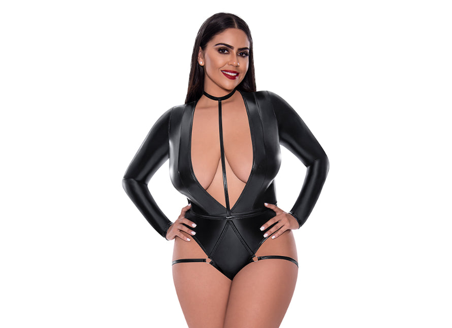 Magic Silk Liquid Onyx Long Sleeve Teddy with Harness Caging