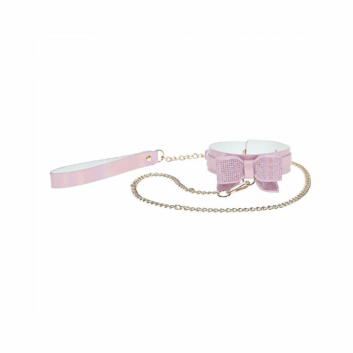 Ouch! Paris Collection Iridescent Leather Collar with Leash With Bedazzled Bow Detail For Play And Fashion