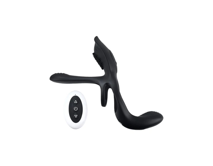 Playboy The 3 Way Rechargeable Remote Controlled Vibrating Silicone Cockring with Vibrating Perineum Stimulator