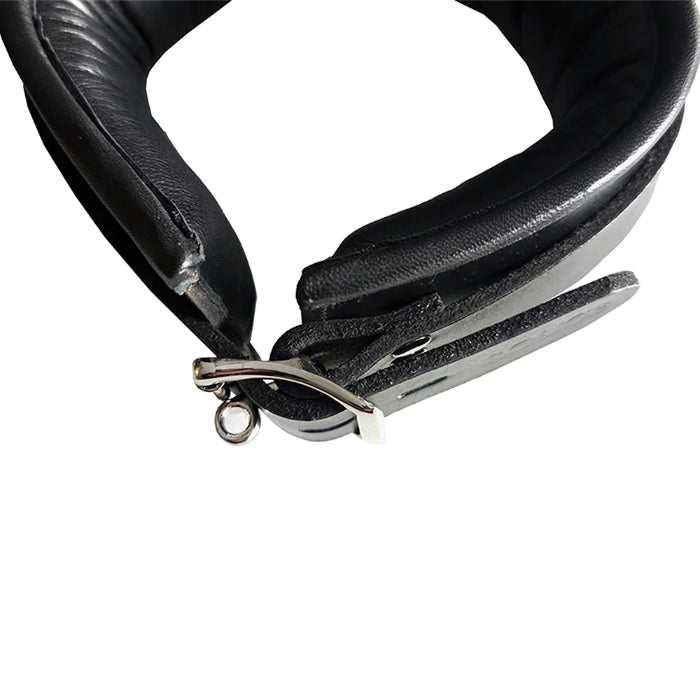 Rouge Leather Lockable Padded Collar With D Rings For Bondage Attachments
