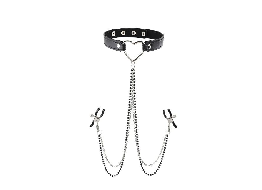 Sportsheets Sex & Mischief Amor Heart Detail Adjustable Collar with Nipple Clamps