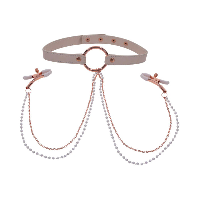 Sportsheets Sex & Mischief Peaches 'n CreaMe Collar with Adjustable Tension Nipple Clamps And Pearl Detail