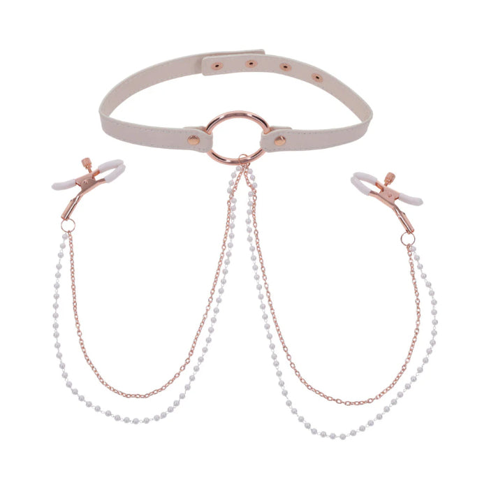 Sportsheets Sex & Mischief Peaches 'n CreaMe Collar with Adjustable Tension Nipple Clamps And Pearl Detail