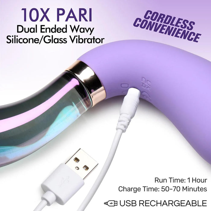 XR Brands Pari Dual Ended Wavy Silicone And Glass Rechargeable G-Spot Vibrator